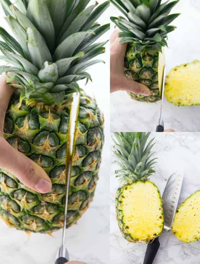 Der obere Teil einer Ananas wird mit einem großen Messer abgeschnitten