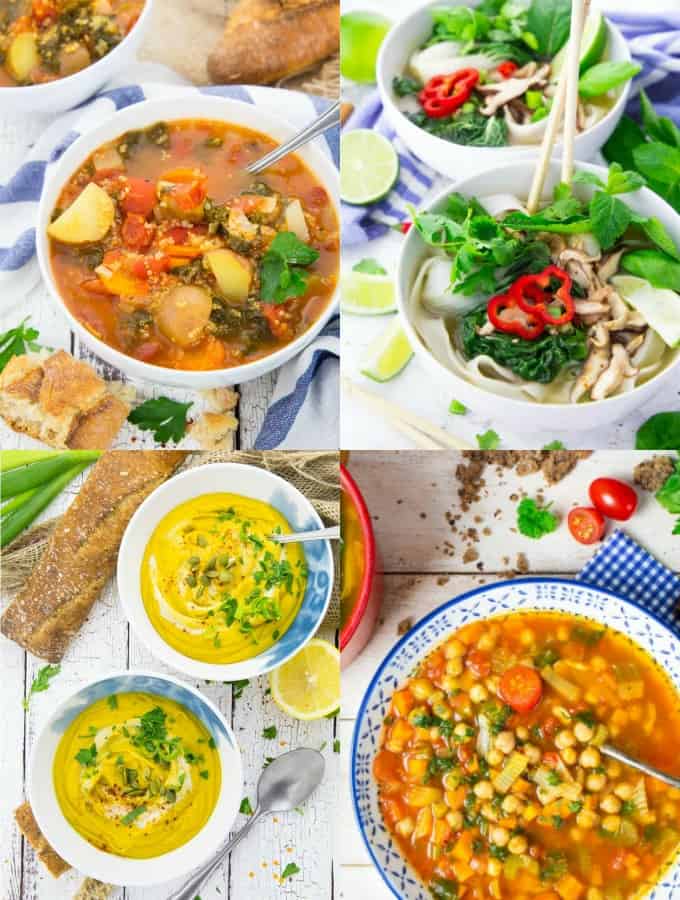 vier vegane Suppen in einer Collage 
