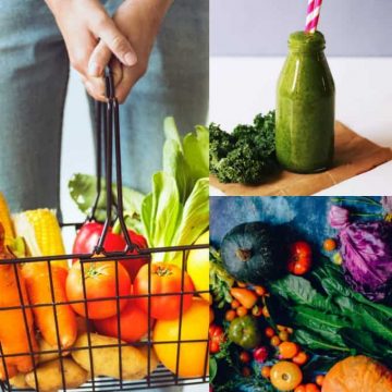 eine Collage aus drei Fotos von Gemüse und einem Smoothie zum Thema vegane Ernährung