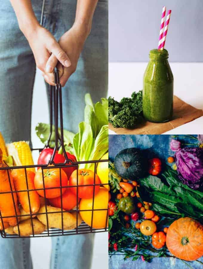 eine Collage aus drei Fotos von Gemüse und einem Smoothie zum Thema vegane Ernährung 
