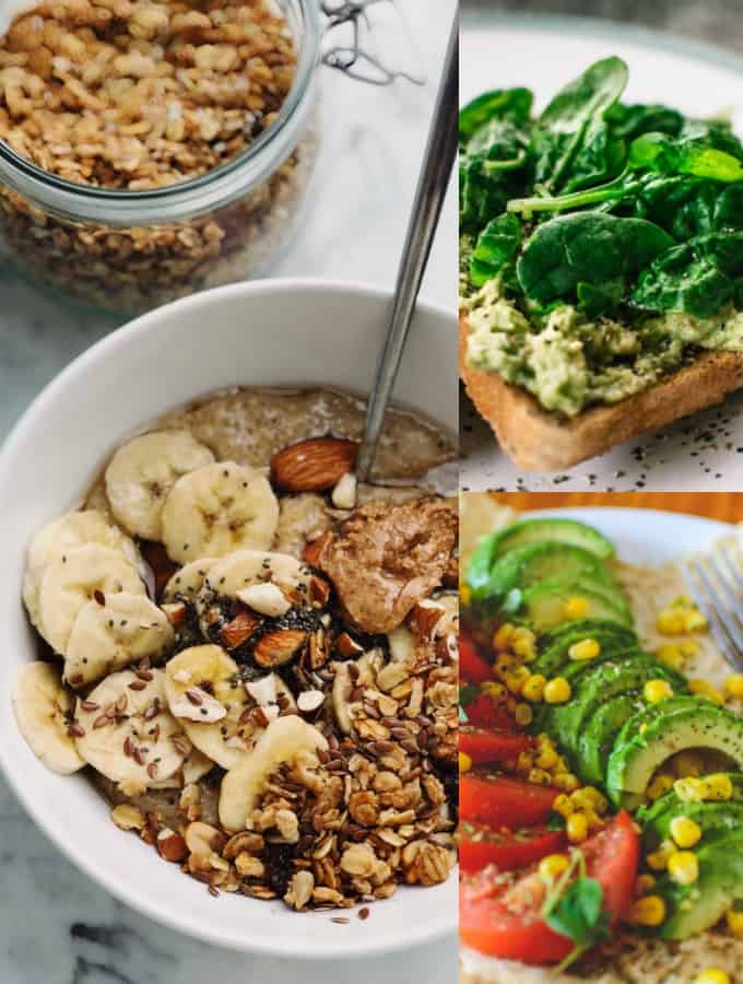 eine Collage aus drei Fotos von veganen Gerichten (Müsli, Toast, und Wrap mit Gemüse) zum Thema vegane Ernährung 