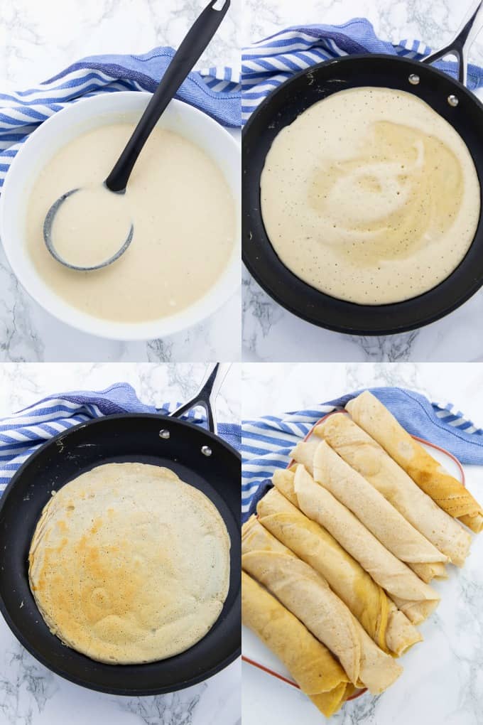 eine Collage aus vier Fotos, die die Zubereitung von veganen Pfannkuchen zeigen