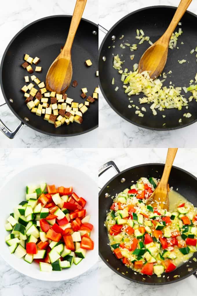 eine Collage aus vier Fotos, die die Zubereitung von Paella zeigen