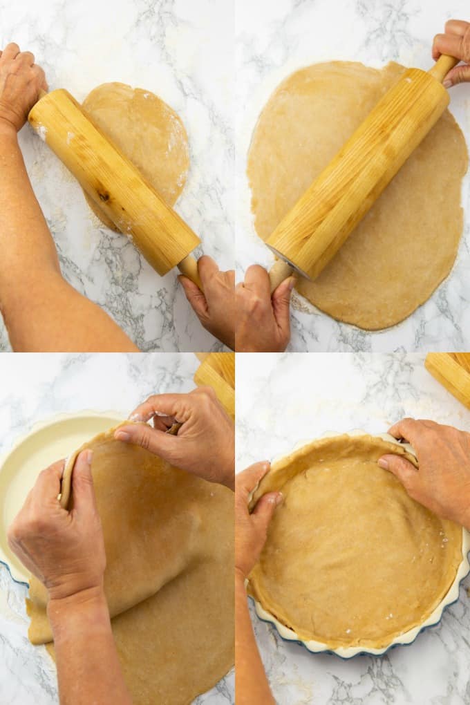 eine Collage aus vier Fotos, die die Zubereitung von Kürbiskuchen zeigt 