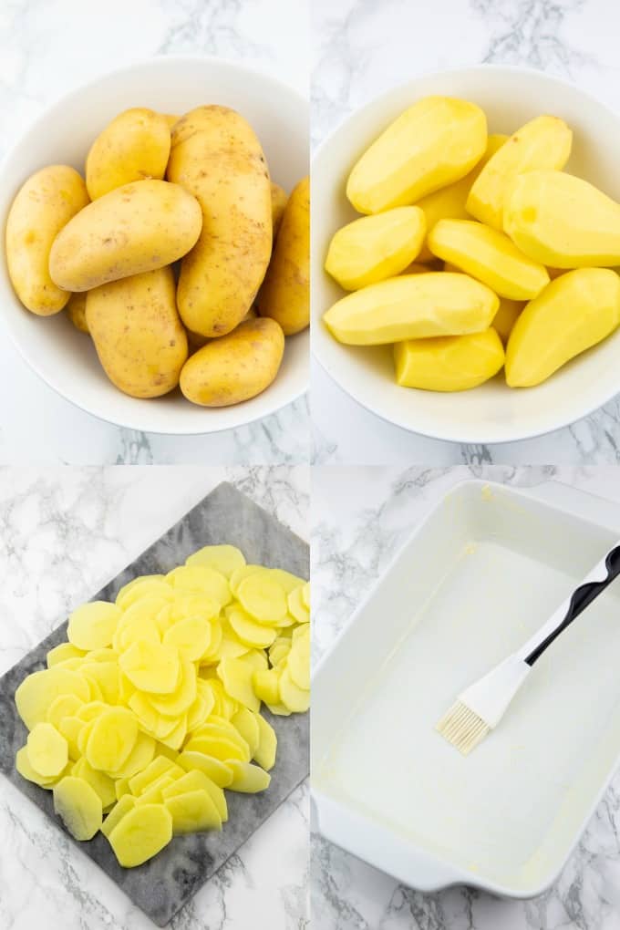 eine Collage aus vier Fotos, die die Zubereitung von Kartoffelauflauf zeigen 