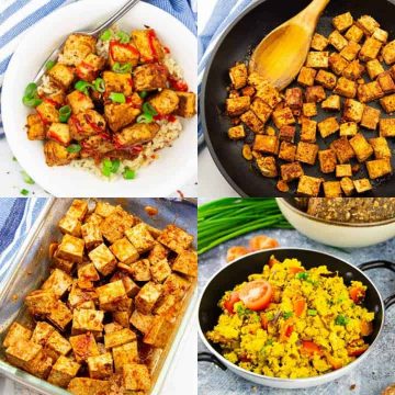 eine Collage aus vier Fotos, die Tofu Rezepte zeigen