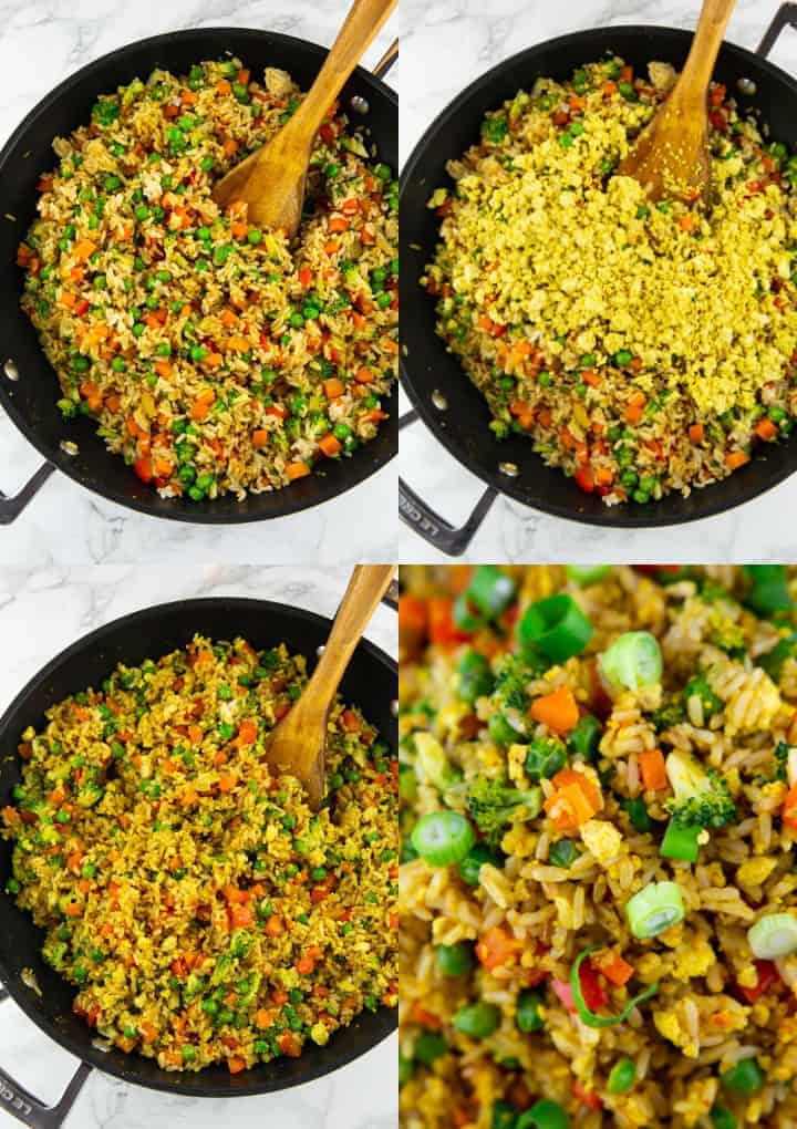 eine Collage aus vier Fotos, die die Zubereitung von gebratenem Reis zeigt