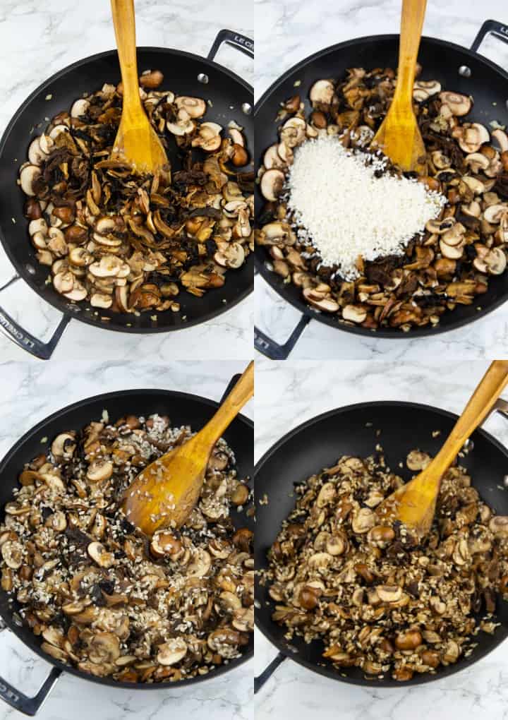 eine Collage aus vier Fotos, die die Zubereitung von Risotto mit Pilzen zeigt 