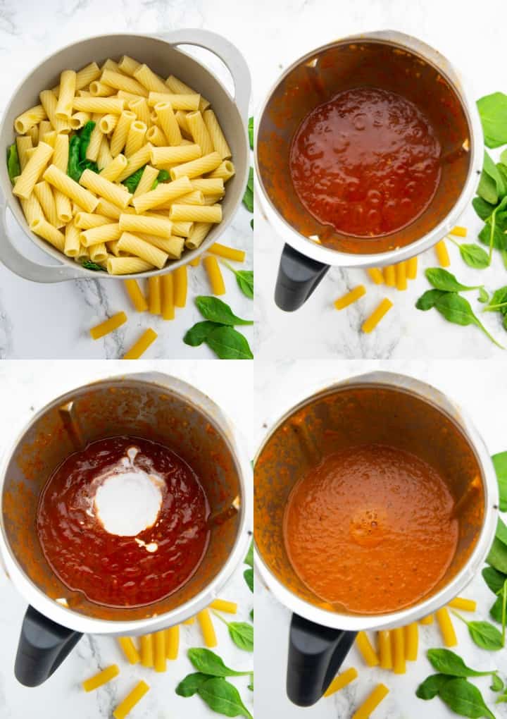 eine Collage aus vier Fotos, die die Zubereitung von Tomatensauce im Mixer zeigt 