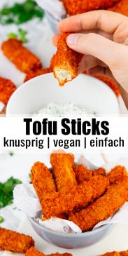 eine Collage aus zwei Fotos von Tofu Sticks mit einem Text Overlay