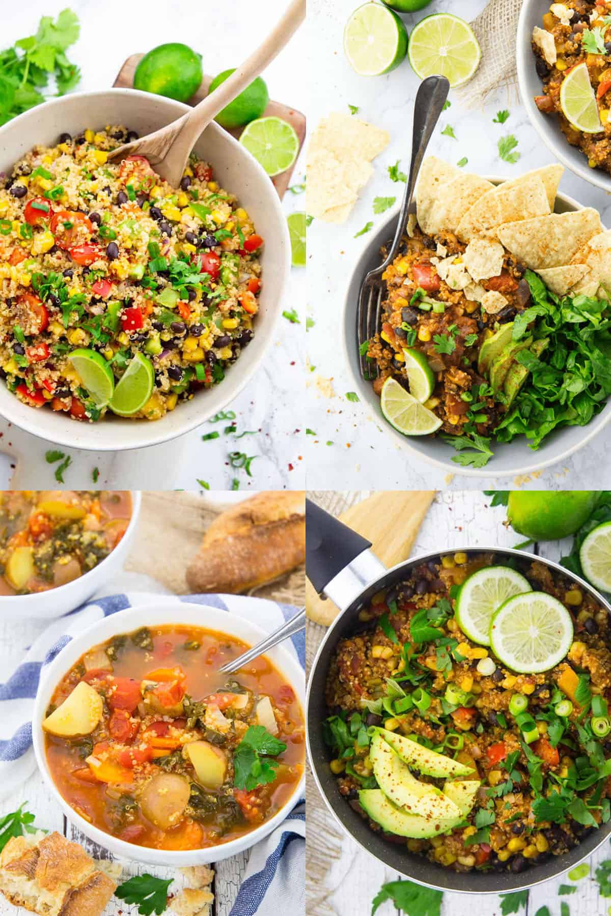 eine Collage aus vier Fotos von verschiedenen Quinoa Rezepte
