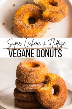 eine Collage aus zwei Fotos von veganen Donuts mit einem Textoverlay