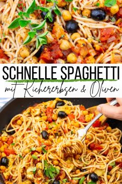 Eine Collage aus zwei Fotos von Spaghetti mit Tomatensoße mit einem Text Overlay