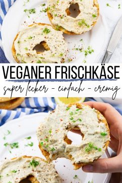 eine Collage aus zwei Fotos von veganem Frischkäse mit einem Text Overlay