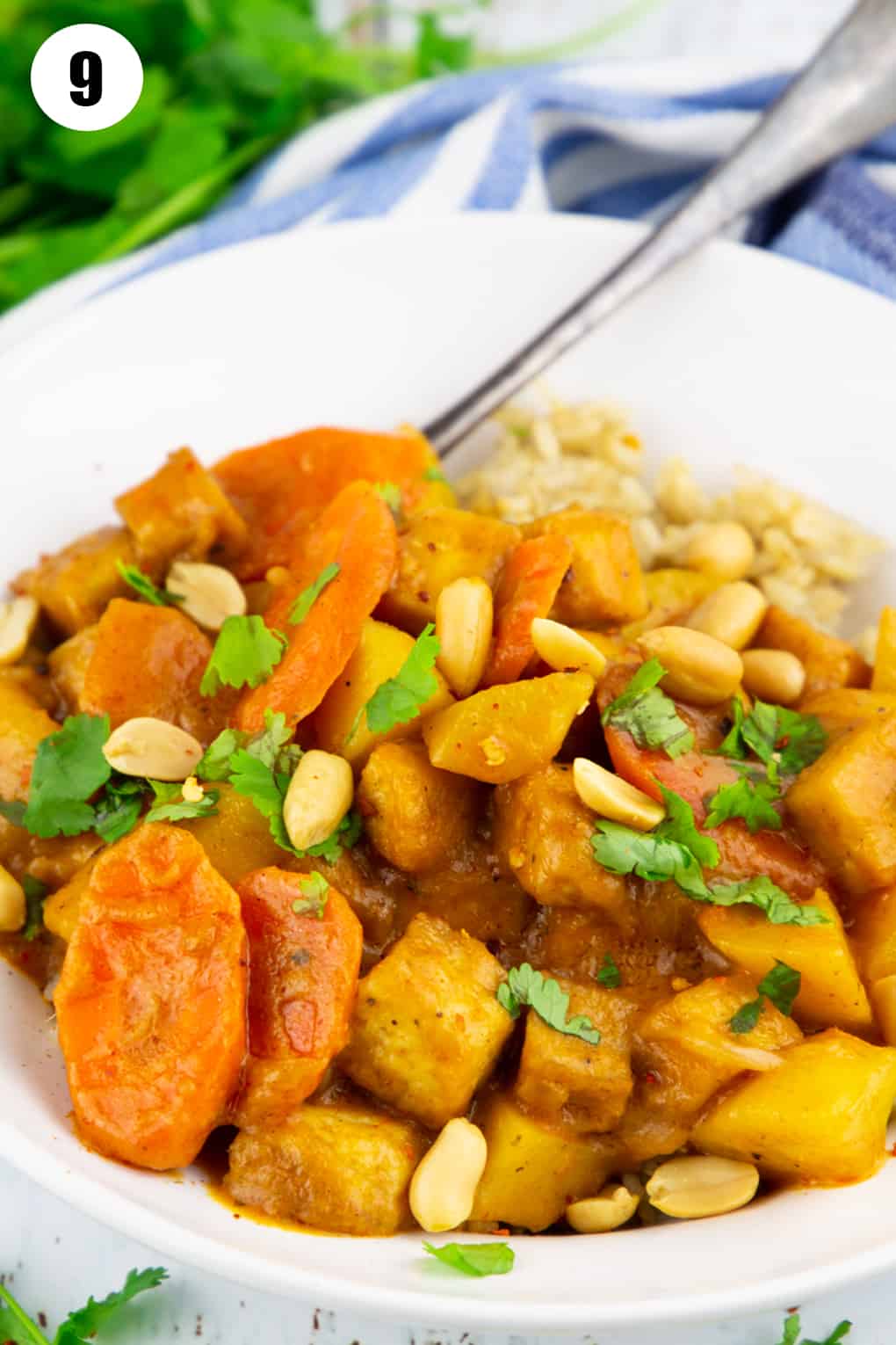 ein Curry mit Karotten, Tofu und Kartoffeln in einem weißen Teller