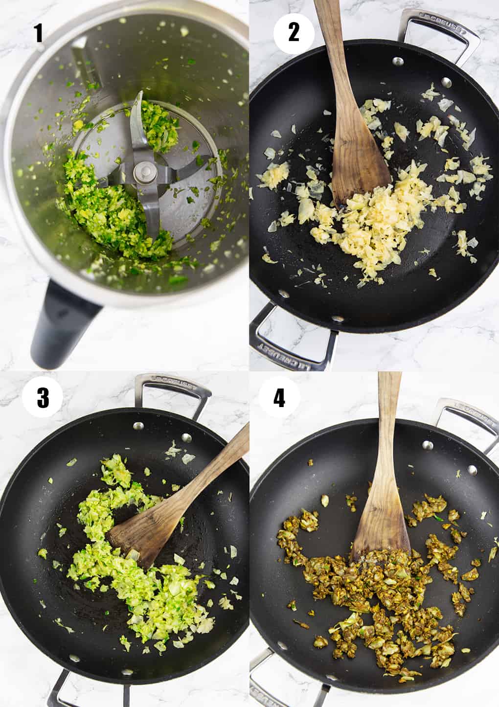 eine Collage aus vier Fotos, die zeigen, wie man das Rezept zubereitet