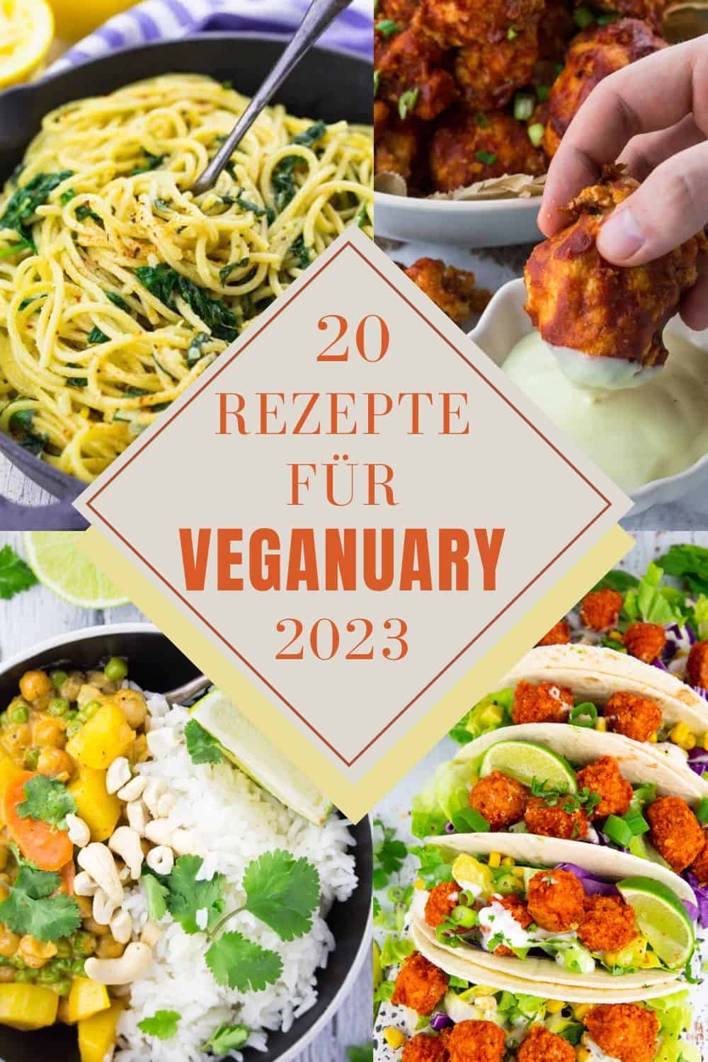 eine Collage aus vier Fotos mit der Aufschrift "Veganuary 2023"