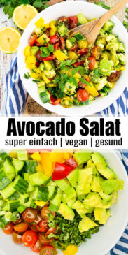eine Collage aus zwei Fotos von Avocado Salat mit einem Text Overlay