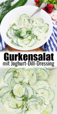 eine Collage aus zwei Fotos von einem Gurkensalat mit Joghurtdressing