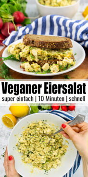 eine Collage aus zwei Fotos von einem veganen Eiersalat mit einem Text Overlay