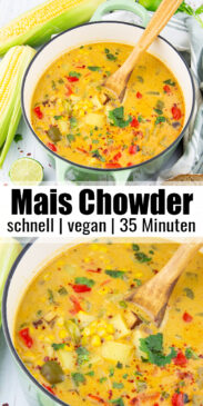 eine Collage aus zwei Fotos von einem Mais Chowder mit einem Text Overlay