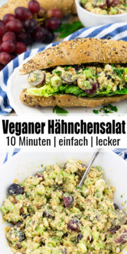 eine Collage aus zwei Fotos von veganem Hähnchensalat mit einem Text Overlay